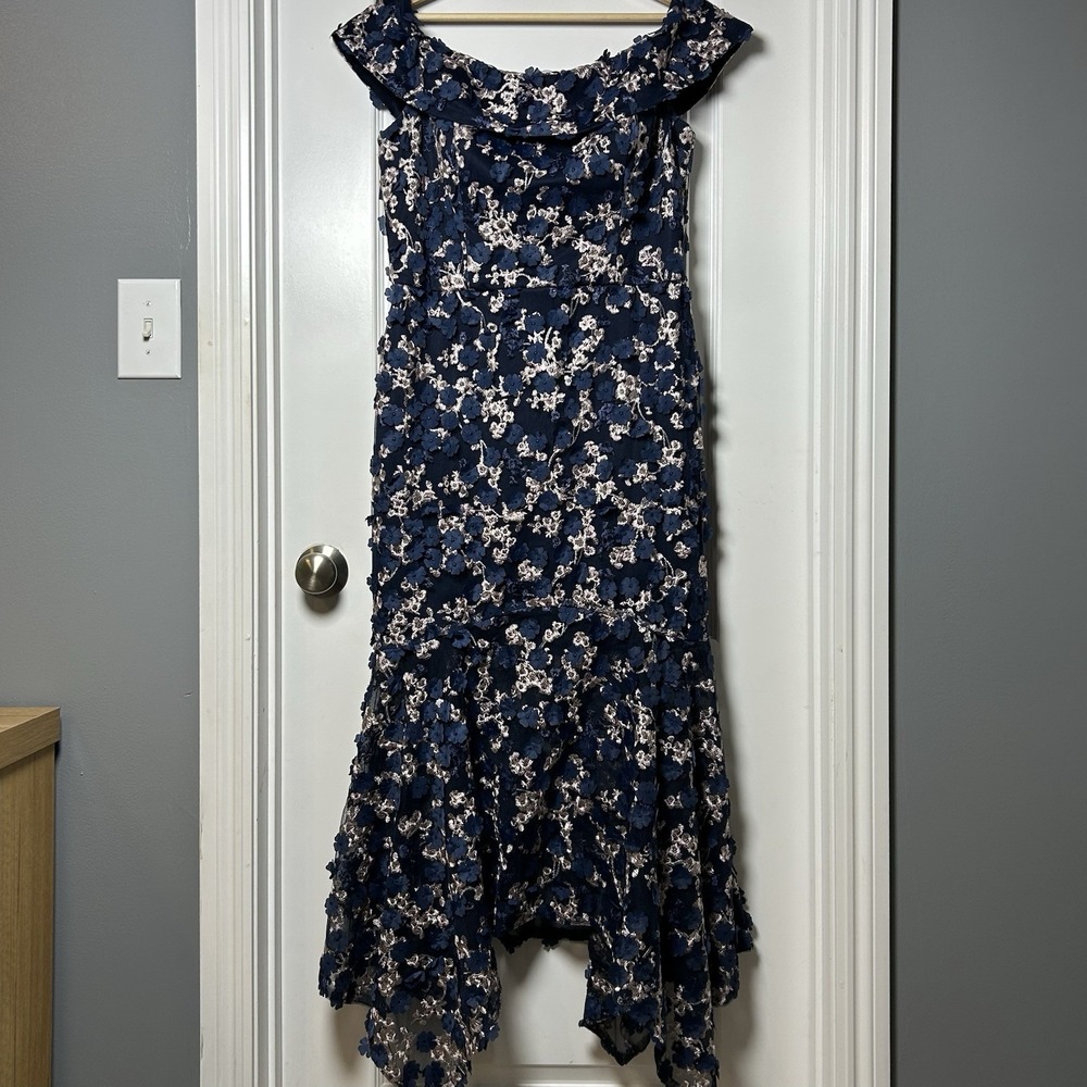 Xscape Navy Blue 3D Floral Applique Off Shoulder Handkerchief Hem Fitted Dress